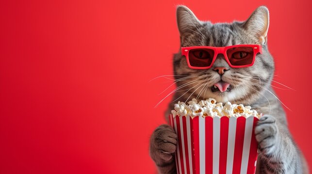 British shorthair cat wearing red 3D glasses and holding a large tub of popcorn on a red background with copy space - Powered by Adobe