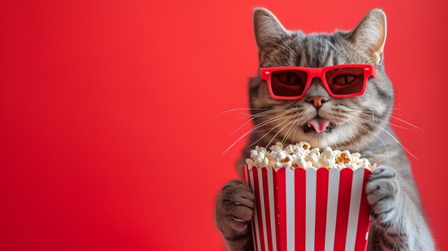 British shorthair cat wearing red 3D glasses and holding a large tub of popcorn on a red background with copy space. The cat is in a playful mood with its tongue out. 