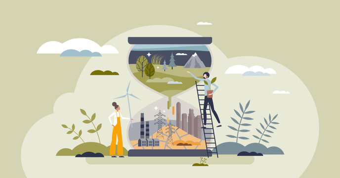 Environmental change as hourglass with urbanization scene tiny person concept. Natural ecosystem reduction and deforestation problem vector illustration. Global warming and heat problem awareness.