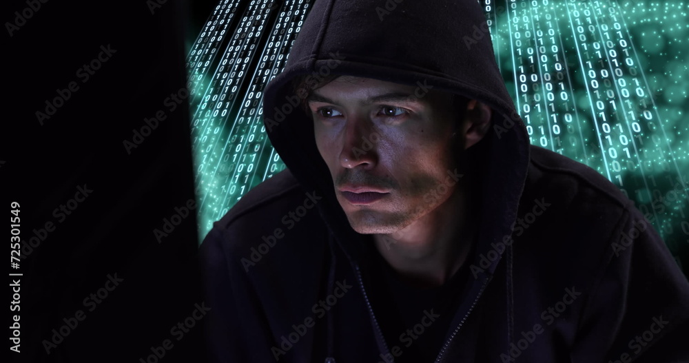 Poster image of caucasian hacker over data processing on dark background