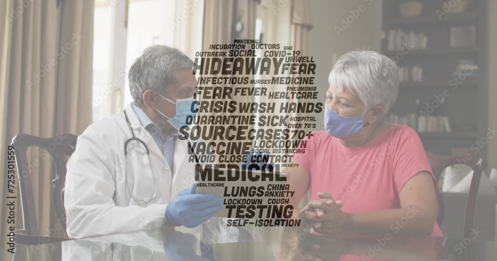 Poster Covid-19 concept text against male doctor and woman wearing face mask discussing over digital tablet