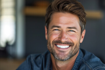 Obraz premium Confident man smiling casually in modern environment. Professional portrait.