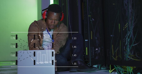 Image of data processing on screens over african american man working in server room