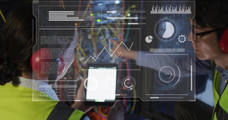 Image of data processing on screens over diverse woman and man checking servers