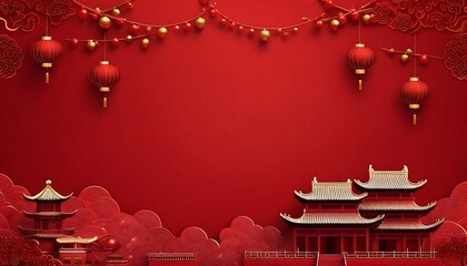 2024 Chinese New Year Banner: Abstract Art with Oriental Dragon and folding paper fans on red background. Lunar New Year Celebration Card Design