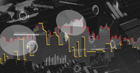 Image of financial data processing over cityscape