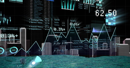 Image of financial data processing over cityscape