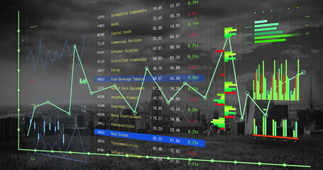 Image of financial data processing over cityscape