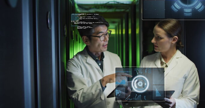 Image of data processing on screens over diverse man and woman working in server room