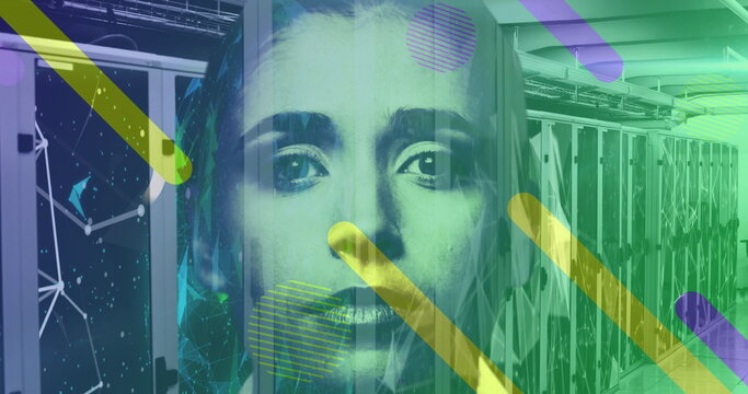 Image of falling shapes and female face over server room - Powered by Adobe