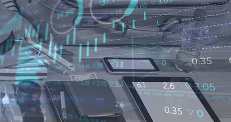 Image of financial data processing over electronic devices and suitcase with travel items