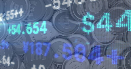 Image of financial data processing over stacks of euro currency coins