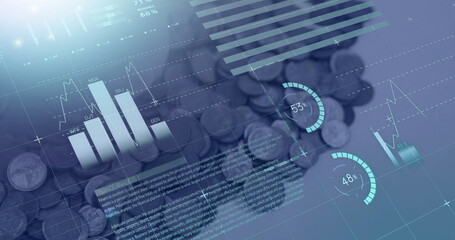 Image of financial data processing over coins