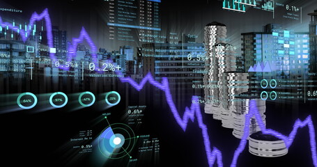 Image of financial data processing over stacks of coins and cityscape