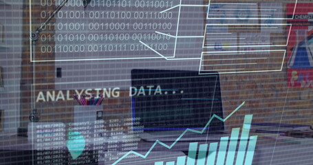 Image of financial data processing and binary coding over laptop on desk