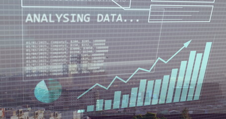 Image of financial data processing and binary coding over cityscape