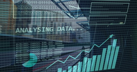Image of financial data processing and binary coding over city street
