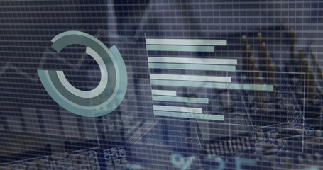 Image of financial data processing over cityscape