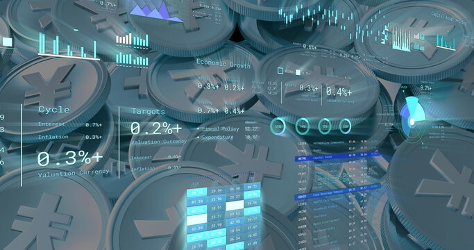 Image of financial data processing over japanese yen coins