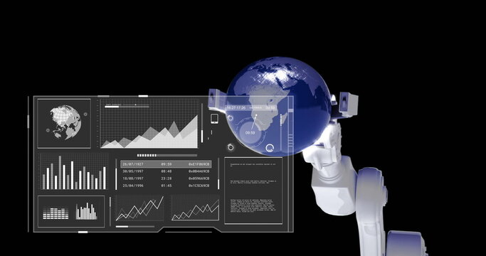 Image of data processing over robot's arm holding globe on black background