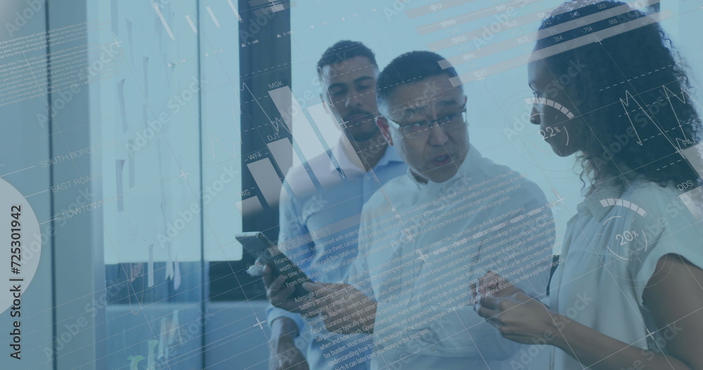 Poster image of interface showing data and statistics with business colleagues working in office
