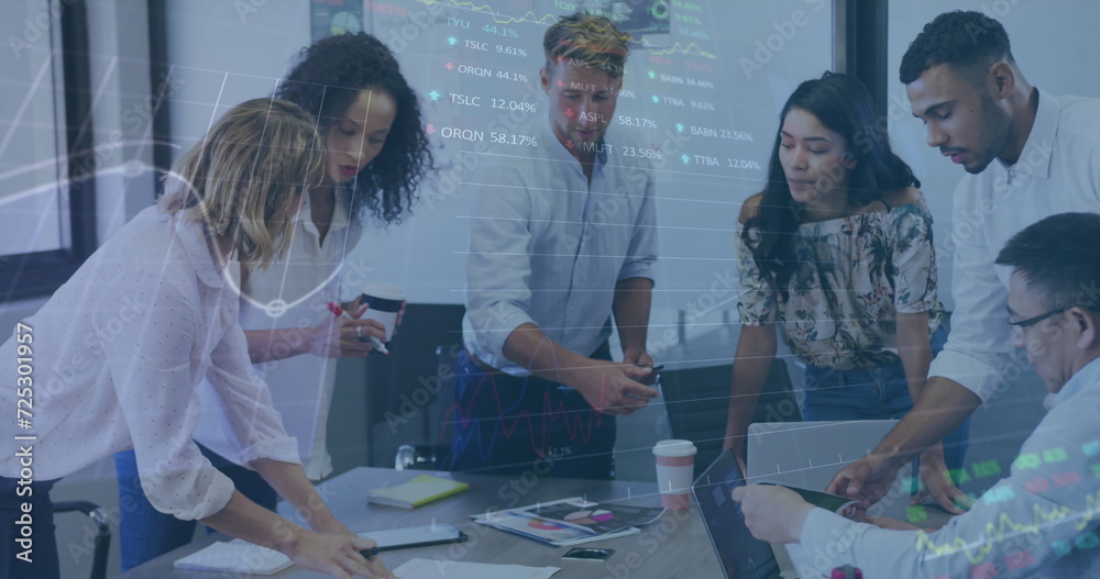 Poster image of interface with graphs and data with business colleagues brainstorming in office