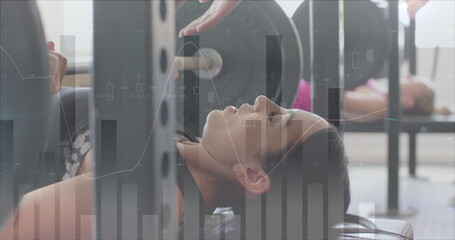 Image of data processing on graph over caucasian woman weight training with barbell at gym