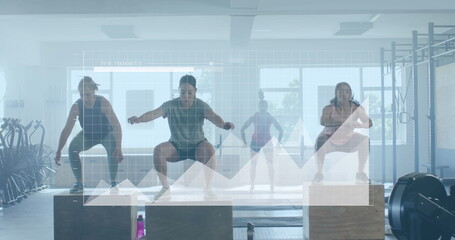 Image of data processing on graphs over montage of diverse women cross training at gym