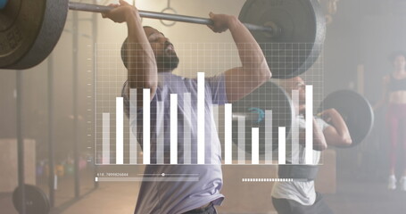 Image of data processing on graph over diverse men weight training with barbells at gym