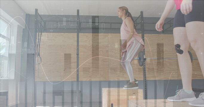Image of data processing on graph over diverse women jumping on boxes cross training at gym