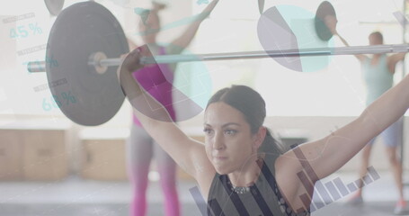 Image of interface processing data over caucasian women weight training with barbells at gym