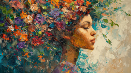 Painting of woman with colorful floral hair.