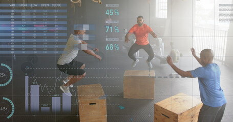 Image of data on interface over diverse male group jumping on boxes cross training at gym