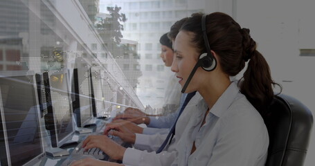 Image of diverse business people in office over cityscape