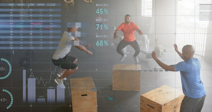 Image of data on interface over diverse male group jumping on boxes cross training at gym - Powered by Adobe