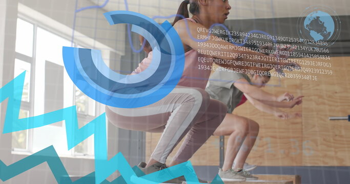 Image of graph processing data over diverse woman jumping on boxes cross training at gym