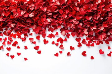 Red heart confetti scattered on white background. Valentine's Day decoration.
