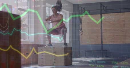 Image of graph processing data over caucasian woman jumping on box cross training at gym