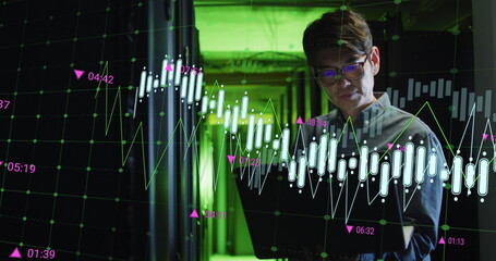 Image of data processing over asian male it engineer by computer servers