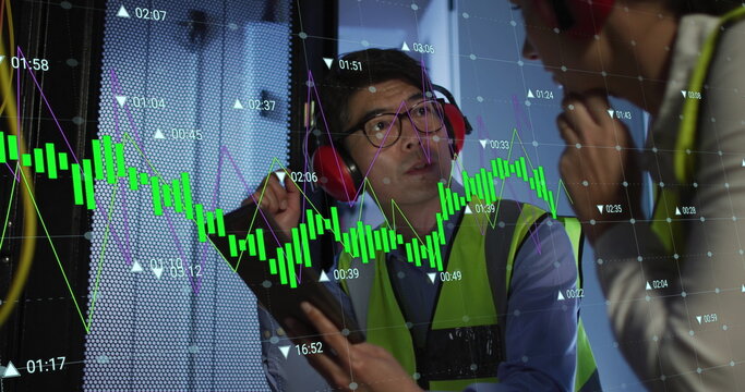 Image of data processing over biracial man using tablet in server room