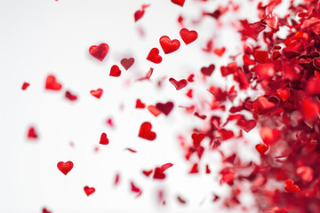 Fototapeta na wymiar Valentine's Day background with red hearts and petals. Seasonal celebration and decoration.