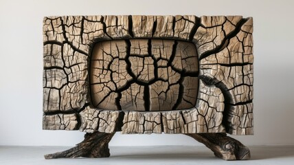 TV made of wood with cracks. An unusual gadget. Wooden device