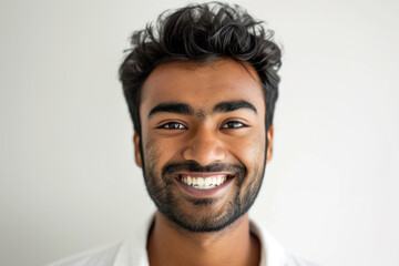 Obraz premium Joyful young man with beaming smile against plain background. Positive human expressions.