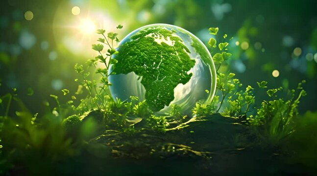 Earth globe in forest with grass green energy and environment conservation concept Generative AI