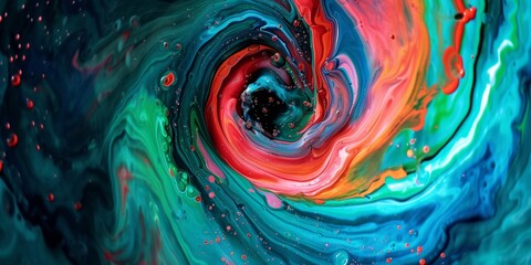 Vibrant liquid vortex, with swirling colors in red, blue, and green, creating an intense, dynamic whirlpool effect