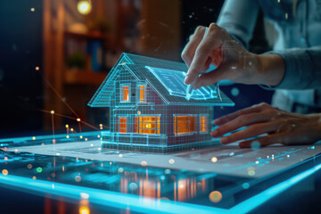 Architect designing futuristic smart home with holographic interface. Innovation and technology in architecture.