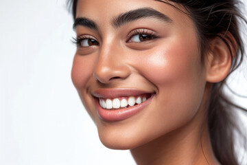 Confident young woman with natural makeup smiling. Beauty and skincare.