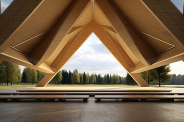 A wooden pavilion with benches in the middle. Generative AI. - obrazy, fototapety, plakaty