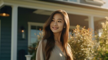 Obraz premium A smiling Asian American woman stands near a modern house on a sunny day. Generative AI.