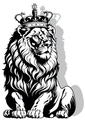 Drawing of a Heraldic Seated Lion with a Royal Crown on its Head